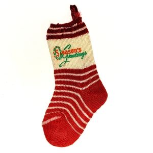 Vintage Christmas Seasons Greetings Red Stripe Stocking Ornament
